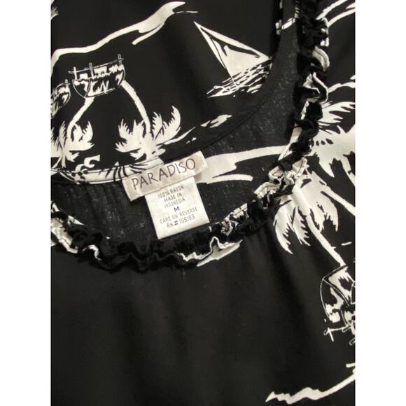 VTG PARADISO Womens M Black White Hawaiian Tropical Flowy Rayon Dress Summer - Picture 5 of 5